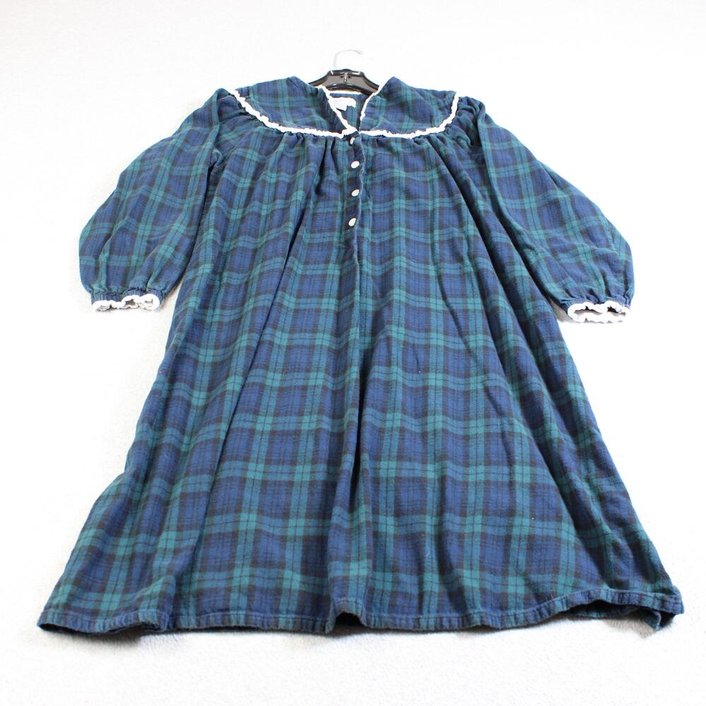 Lanz Of Salzburg Flannel Gown Womens Small Blue Plaid Long Sleeve Sleepwear